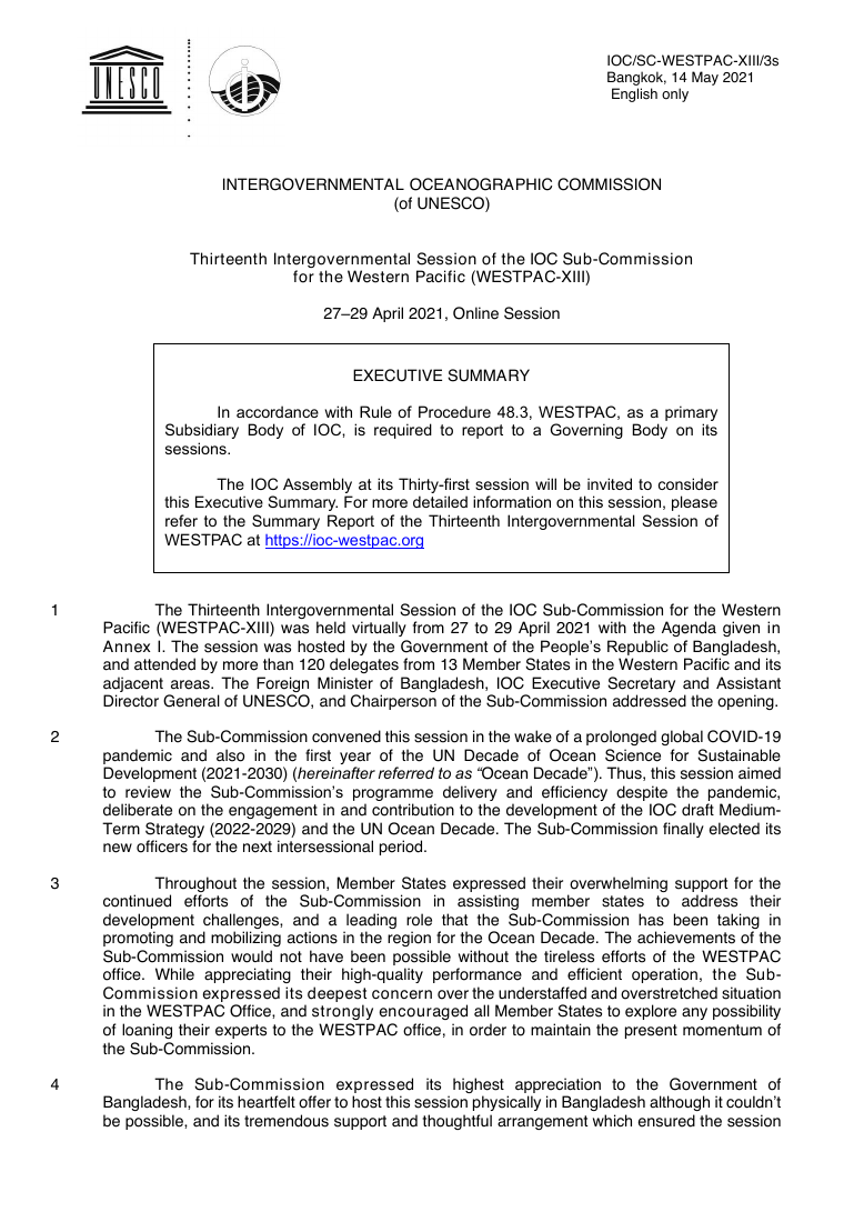 Executive Summary of the 13th WESTPAC Session, 27–29 April 2021