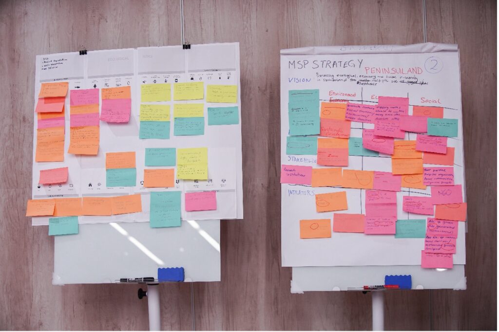 Participants brainstorm Peninsula MSP strategy using sticky note analysis to outline planning objectives, sustainability dimensions, stakeholders and indicators.