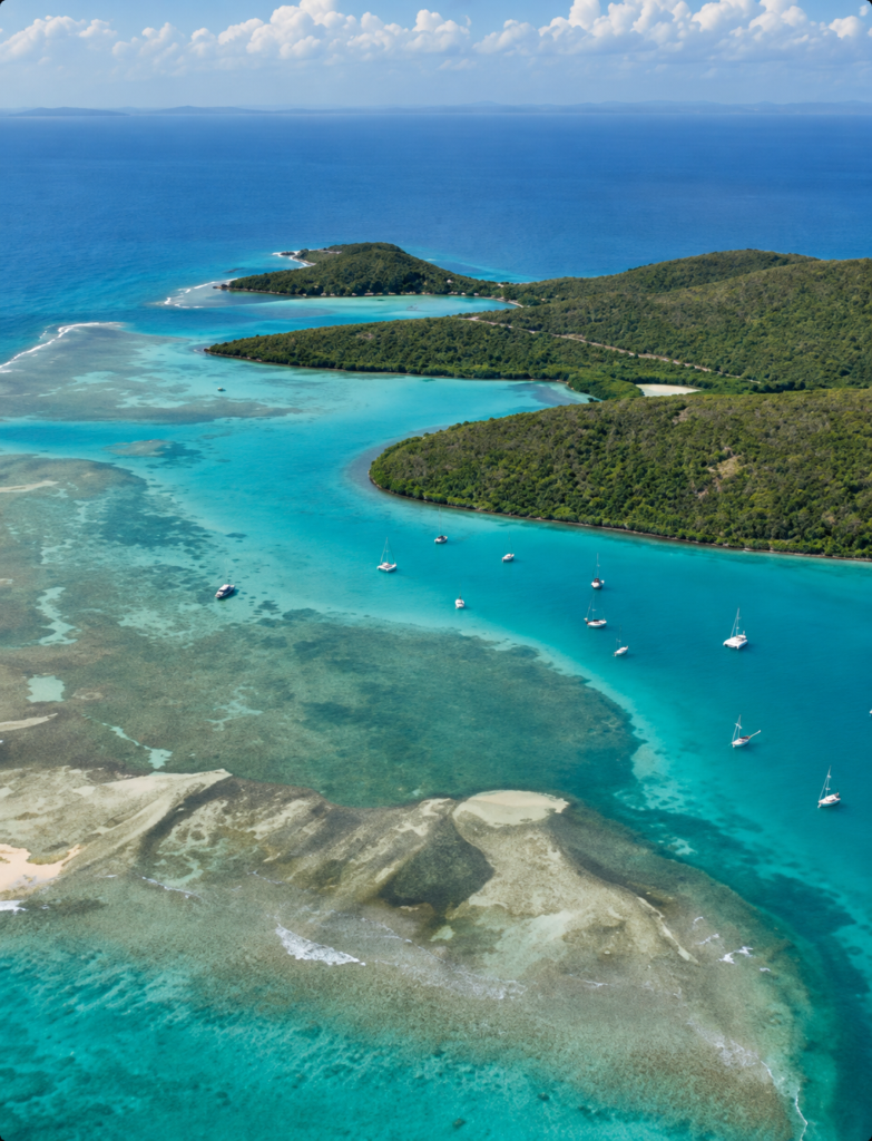 Aerial view of coastal islands and turquoise reef waters, AI-enhanced from the original photograph
